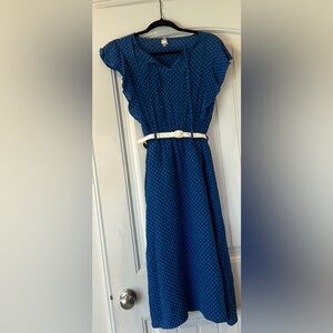 Blue Polka Dot Dress with Belt Sz M
